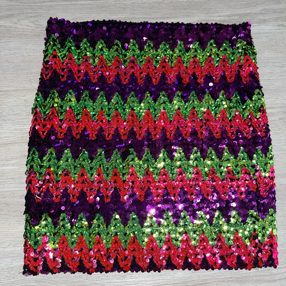 1980s Addiction Vintage Zigzag Sequin Disco Mini Skirt Large